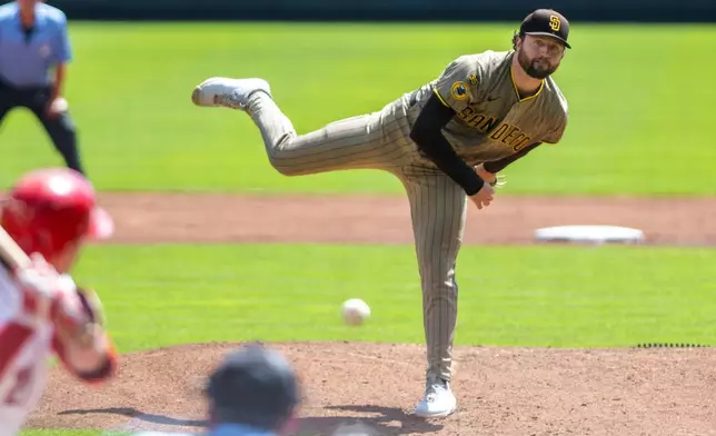 San Diego Padres starting pitcher Casey Mize (32) throws during the first inning of a baseball game against the Cincinnati Reds, Wednesday, Sept. 2, 2026, in Cincinnati. (AP Photo/Tony Wagner)