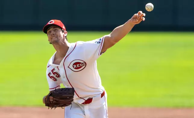 Cincinnati Reds starting pitcher Brandon Williamson (55) throws during the first inning of a baseball game against the San Diego Padres, Wednesday, Sept. 2, 2026, in Cincinnati. (AP Photo/Tony Wagner)