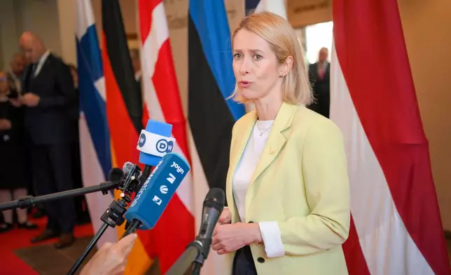 European Commission Vice-President Kaja Kallas speaks to the media during the European Arctic Summit in Rovaniemi, Finland, Monday, Sept. 14, 2026. (Jouni Porsanger/Lehtikuva via AP)