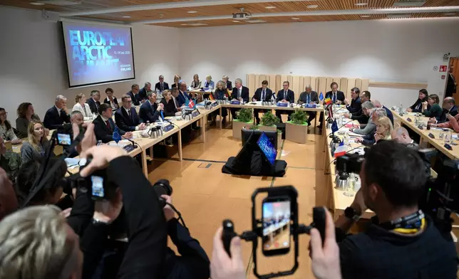 Members at the First Working Session of The European Arctic Summit meet in Rovaniemi, Finland, Monday, Sept. 14, 2026. (Jouni Porsanger/Lehtikuva via AP)