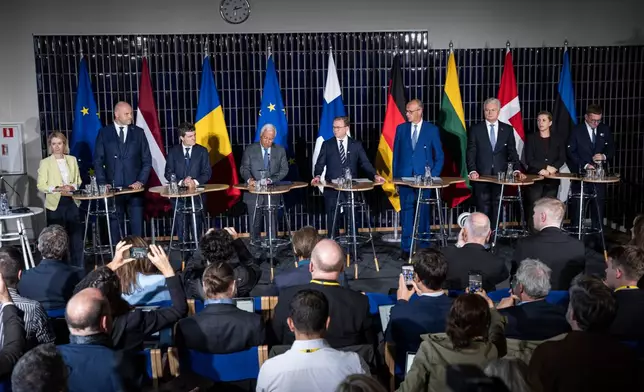 Rear from left, the High Representative of the Union for Foreign Affairs, Security Policy Kaja Kallas, Prime Minister of Latvia Andris Kulbergs, President of Romania Nicușor Dan, President of the European Council Antonio Costa, Prime Minister Petteri Orpo of Finland, German Chancellor Friedrich Merz, President of Lithuania Gitanas Nauseda, Prime Minister Mette Frederiksen of Denmark and Prime Minister of Estonia Kristen Michal attend a press conference as part of the European Arctic Summit in Rovaniemi, Finland, Monday, Sept. 14, 2026. (Jouni Porsanger/Lehtikuva via AP)