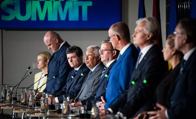 From left, the High Representative of the Union for Foreign Affairs, Security Policy Kaja Kallas, Prime Minister of Latvia Andris Kulbergs, President of Romania Nicușor Dan, President of the European Council Antonio Costa, Prime Minister Petteri Orpo of Finland, German Chancellor Friedrich Merz, President of Lithuania Gitanas Nauseda, Prime Minister Mette Frederiksen of Denmark and Prime Minister of Estonia Kristen Michal attend a press conference as part of the European Arctic Summit in Rovaniemi, Finland, Monday, Sept. 14, 2026. (Jouni Porsanger/Lehtikuva via AP)