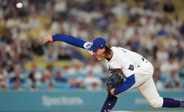 Los Angeles Dodgers starting pitcher Tyler Glasnow throws to the plate during the first inning of a baseball game against the San Francisco Giants, Friday, Sept. 18, 2026, in Los Angeles. (AP Photo/Mark J. Terrill)