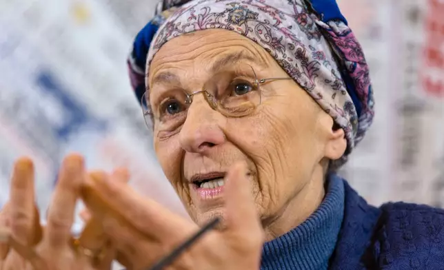 FILE -Emma Bonino, leader of the ' +Europa ' (More Europe) party, speaks ahead of the March 4 Italian political elections during a press conference at the Foreign Press Club in Rome, Friday, Feb. 16, 2018. (AP Photo/Domenico Stinellis, File)