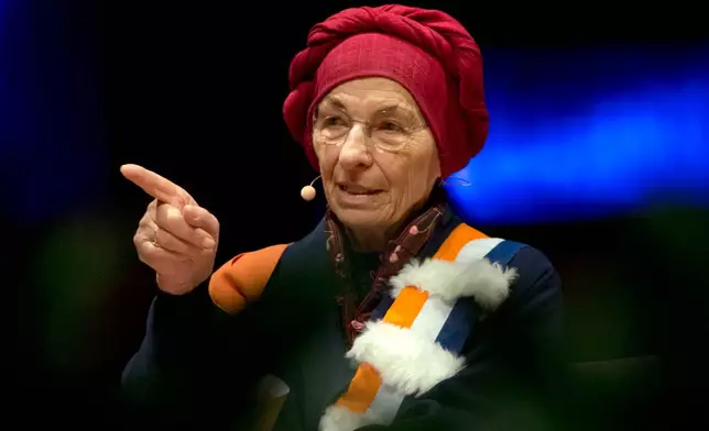 FILE -Italy's Emma Bonino speaks after receiving her honorary doctorate from the University of Brussels during a ceremony at Flagey in Brussels on Wednesday, Nov. 29, 2017. (AP Photo/Virginia Mayo, File)