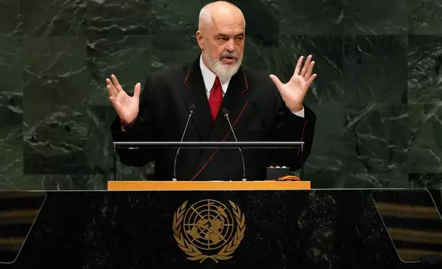 Albania's Prime Minister Edi Rama speaks during the 81st session of the United Nations General Assembly at United Nations headquarters, Friday, Sept. 25, 2026. (AP Photo/Seth Wenig)