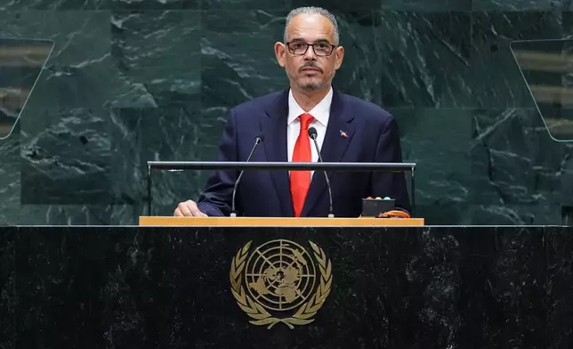 Haiti's Prime Minister Alix Didier Fils-Aimé addresses the 81st session of the United Nations General Assembly at U.N. headquarters Friday, Sept. 25, 2026. (AP Photo/Frank Franklin II)