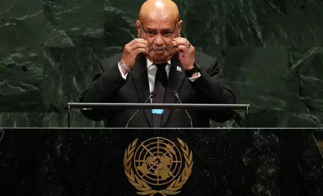 Tuvalu Prime Minister Feleti Teo prepares to speak during the 81st session of the United Nations General Assembly at United Nations headquarters, Friday, Sept. 25, 2026. (AP Photo/Seth Wenig)