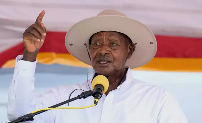 Ugandan President Yoweri Museveni speaks during a crude oil naming ceremony at the Kingfisher oil field on the shores of Lake Albert, operated by China National Offshore Oil Corporation (CNOOC), near Hoima, Uganda, Wednesday, Sept. 2, 2026. (AP Photo/Hajarah Nalwadda)