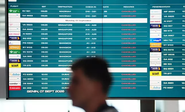 A man walks past an information board showing cancelled flights due to the eruption of Mount Anak Krakatau, at Soekarno-Hatta International Airport in Tangerang, Indonesia, Monday, Sept. 7, 2026. (AP Photo/Tatan Syuflana)