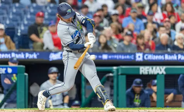 Tampa Bay Rays' Jonny DeLuca hits an RBI single in the first inning of a baseball game against the Philadelphia Phillies, Friday, Sept. 25, 2026, in Philadelphia. (AP Photo/Laurence Kesterson)