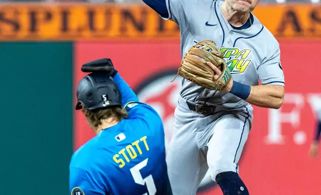 Philadelphia Phillies' Bryson Stott (5) is out at second as Tampa Bay Rays second baseman Ben Williamson, right, throws to first base for a double play in the second inning of a baseball game, Friday, Sept. 25, 2026, in Philadelphia. (AP Photo/Laurence Kesterson)