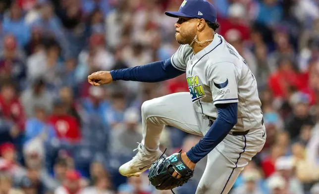 Tampa Bay Rays pitcher Freddy Peralta throws in the first inning of a baseball game against the Philadelphia Phillies, Friday, Sept. 25, 2026, in Philadelphia. (AP Photo/Laurence Kesterson)