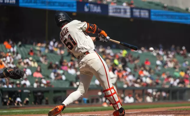San Francisco Giants' Jung Hoo Lee (51) hits a single during the second inning of a baseball game against the St. Louis Cardinals in San Francisco, Wednesday, Sept. 9, 2026. (AP Photo/Nic Coury)