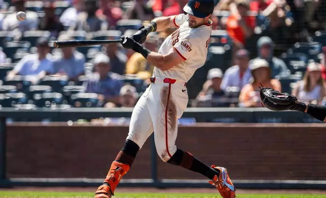 San Francisco Giants' Bryce Eldridge hits an RBI single during the first inning of a baseball game against the St. Louis Cardinals in San Francisco, Wednesday, Sept. 9, 2026. (AP Photo/Nic Coury)