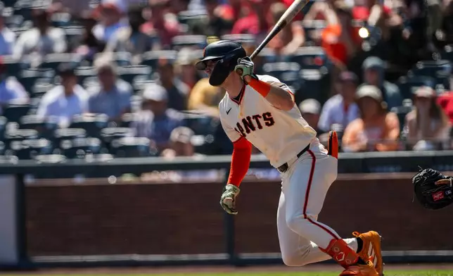 San Francisco Giants' Jonah Cox hits a single during the first inning of a baseball game against the St. Louis Cardinals in San Francisco, Wednesday, Sept. 9, 2026. (AP Photo/Nic Coury)