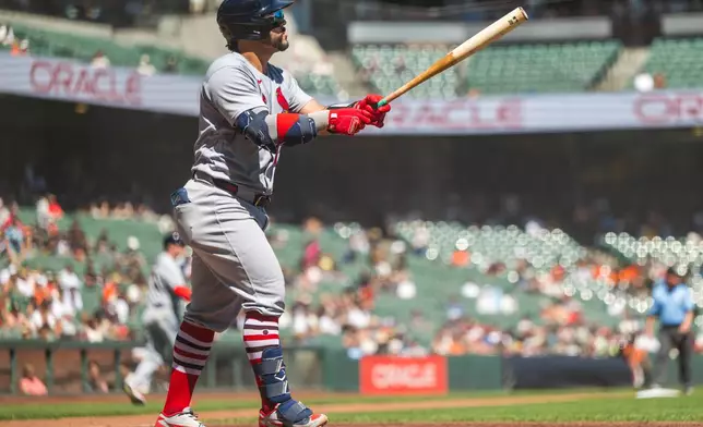 St. Louis Cardinals' Leo Bernal watches his home run during the third inning of a baseball game against the San Francisco Giants in San Francisco, Wednesday, Sept. 9, 2026. (AP Photo/Nic Coury)