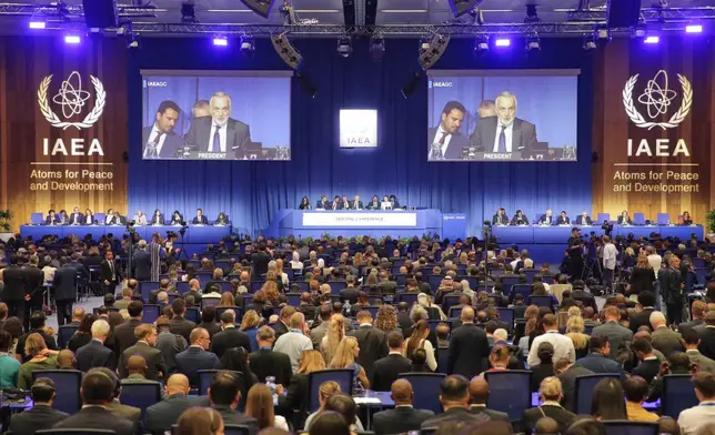 Delegates watching the IAEA Board of Governors during the annual General Conference of the International Atomic Energy Agency (IAEA) in Vienna, Austria, Monday, Sept. 14, 2026. (AP Photo/Heinz-Peter Bader)