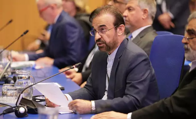 Reza Najafi, Iran's IAEA ambassador, speaks during the annual General Conference of the International Atomic Energy Agency (IAEA) in Vienna, Austria, Monday, Sept. 14, 2026. (AP Photo/Heinz-Peter Bader)