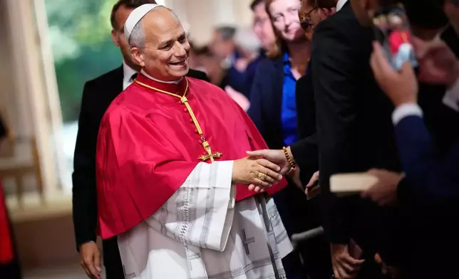 Pope Leo XIV leaves after a joint statement with French President Emmanuel Macron, at the Elysee Palace, Friday, Sept. 25, 2026. (AP Photo/Teresa Suarez, Pool)