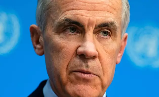 Canada Prime Minister Mark Carney speaks during a media availability at the United Nations General Assembly (UNGA) at the UN headquarters, Tuesday, Sept. 22, 2026. (Justin Tang/The Canadian Press via AP)