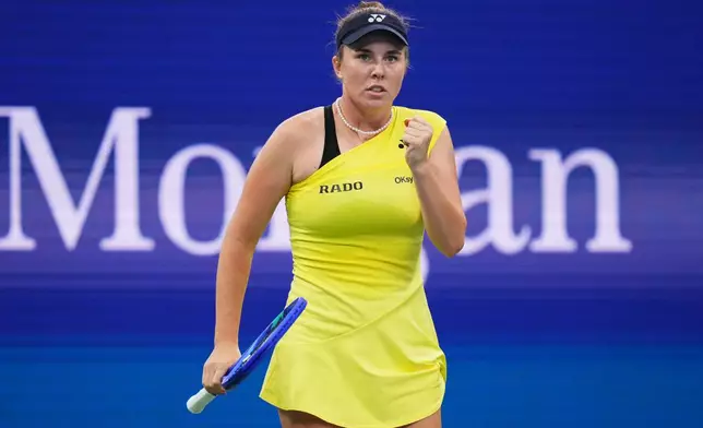 Linda Noskova, of the Czech Republic, reacts during a match against Katie Volynets, of the United States, during the first round of the U.S. Open tennis championships, Monday, Aug. 31, 2026, in New York. (AP Photo/Kirsty Wigglesworth)