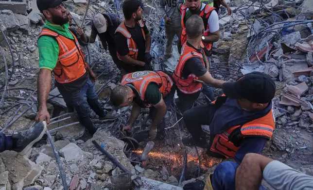 Palestinian civil defense crews search for bodies and survivors in the rubble of a collapsed building that housed displaced Palestinians and was heavily damaged during the Israel-Hamas war, in Gaza City, Wednesday, Sept. 16, 2026. (AP Photo/Jehad Alshrafi)