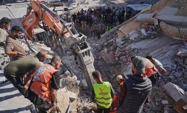 Palestinian civil defense crews search for bodies and survivors in the rubble of a collapsed building that housed displaced Palestinians and was heavily damaged during the Israel-Hamas war, in Gaza City, Wednesday, Sept. 16, 2026. (AP Photo/Jehad Alshrafi)