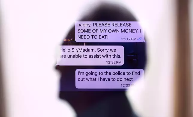 A portrait of Simon, who was targeted by a scammer that stole $800,000 from his retirement savings and asked not to be identified by his full name because he's too ashamed to tell most of his family about the crime, and a screenshot of a text message exchange with his scammer, are seen in this single long exposure photograph, Wednesday, June 17, 2026, at his home in southeastern New York. (AP Photo/David Goldman)