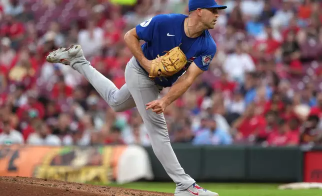 Chicago Cubs pitcher Matthew Boyd follows through on a delivery during the second inning of a baseball game against the Cincinnati Reds, in Cincinnati, Saturday, Sept. 19, 2026, (AP Photo/Kareem Elgazzar)