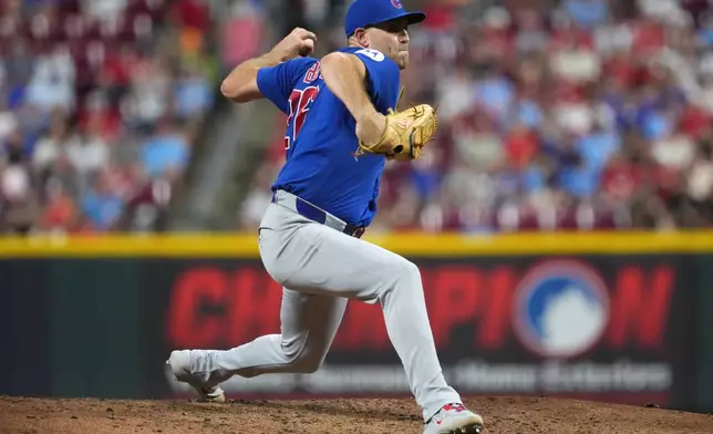 Chicago Cubs pitcher Matthew Boyd delivers during the fifth inning of a baseball game against the Cincinnati Reds, Saturday, Sept. 19, 2026, in Cincinnati. (AP Photo/Kareem Elgazzar)