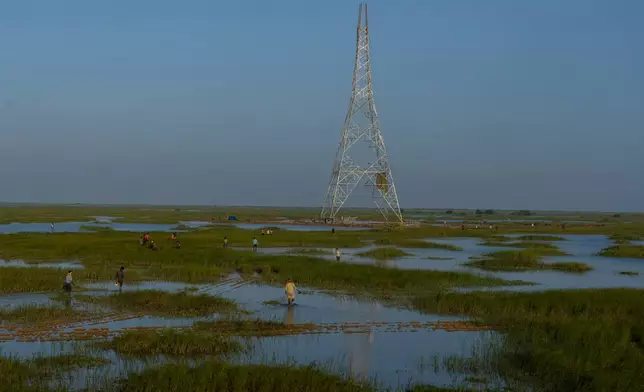 FILE - Workers walk through a swamp to install electric transmission towers for the Adani Renewable Energy Park near Khavda, Bhuj district, near the India-Pakistan border in the western state of Gujarat, India, Sept. 21, 2023. (AP Photo/Rafiq Maqbool, File)