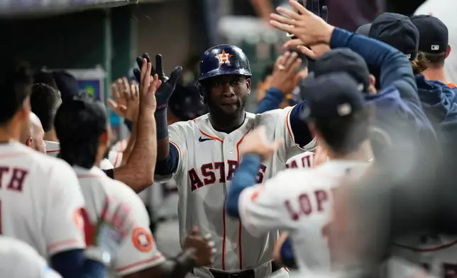 Houston Astros designated hitter Yordan Alvarez celebrates after hitting a home run during the fifth inning of a baseball game against the Kansas City Royals in Houston, Tuesday, Sept. 15, 2026. (AP Photo/Ashley Landis)