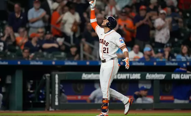 Houston Astros shortstop Jeremy Peña celebrates after hitting a home run during the third inning of a baseball game against the Kansas City Royals in Houston, Tuesday, Sept. 15, 2026. (AP Photo/Ashley Landis)