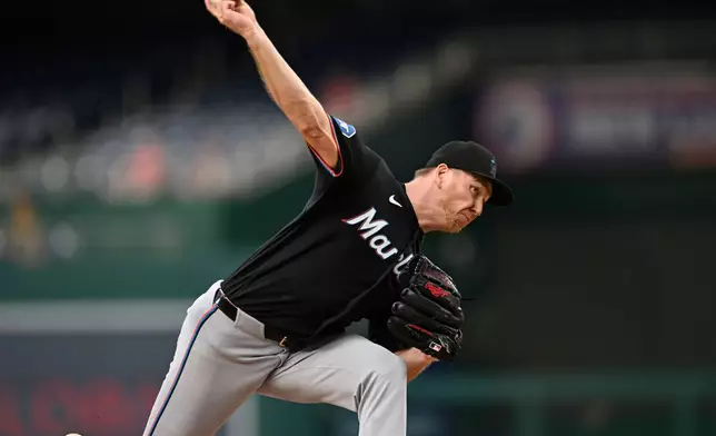 Miami Marlins staring pitcher Ryan Gusto throws during the first inning of a baseball game against the Washington Nationals, Monday, Aug. 31, 2026, in Washington. (AP Photo/John McDonnell)