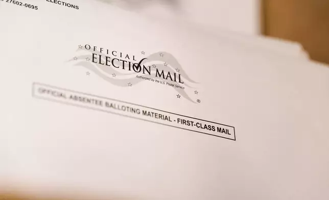 Envelopes for mail-in ballots at the Wake County Board of Elections are seen on Thursday, Sept. 3, 2026, in Raleigh, N.C. (AP Photo/Matt Ramey)