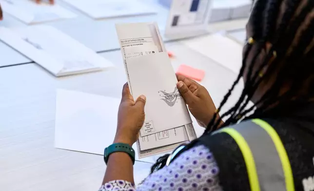 Wake County Board of Elections employees prepare absentee ballots to be mailed on Thursday, Sept. 3, 2026, in Raleigh, N.C. (AP Photo/Matt Ramey)