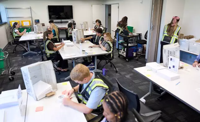 Wake County Board of Elections employees prepare absentee ballots to be mailed on Thursday, Sept. 3, 2026, in Raleigh, N.C. (AP Photo/Matt Ramey)