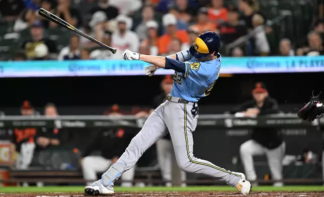 Milwaukee Brewers designated hitter Christian Yelich loses his bat as he swings against the Baltimore Orioles in the fourth inning of a baseball game, Sunday, Sept. 20, 2026, in Baltimore. (AP Photo/Gail Burton)