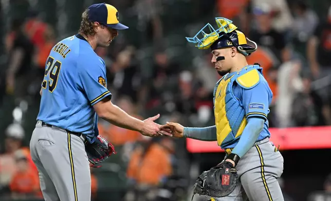 Milwaukee Brewers pitcher Trevor Megill (29) and Milwaukee Brewers catcher William Contreras, right, celebrate their win against the Baltimore Orioles in a baseball game, Sunday, Sept. 20, 2026 ,in Baltimore. (AP Photo/Gail Burton)