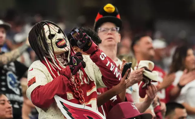 A fan dances during the second half of an NFL football game between the Arizona Cardinals and the Seattle Seahawks in Glendale, Ariz., Sunday, Sept. 20, 2026. (AP Photo/Ross D. Franklin)