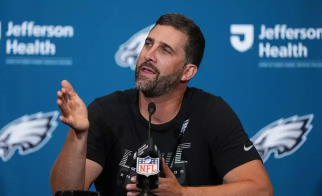 Philadelphia Eagles head coach Nick Sirianni talks to the media following an NFL football game against the Washington Commanders, Sunday, Sept. 13, 2026, in Philadelphia. (AP Photo/Matt Rourke)