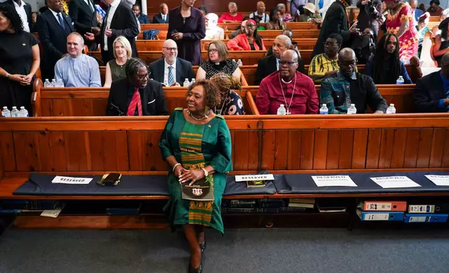 Jamaica's Minister of Culture, Gender, Entertainment and Sport, Olivia Grange, attends a service, in London, Sunday, Sept. 6, 2026, for the "remembrance, justice and repair" before filing a petition to refer three specific questions about trans-Atlantic slavery to the Judicial Committee of the Privy Council. (AP Photo/Alberto Pezzali)