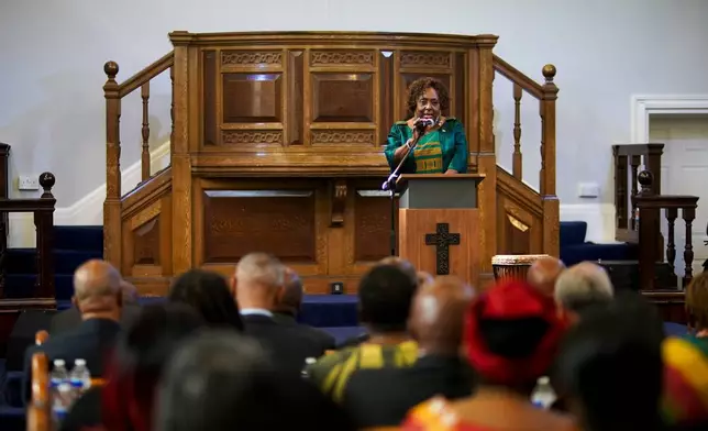 Jamaica's Minister of Culture, Gender, Entertainment and Sport, Olivia Grange, speaks during a service, in London, Sunday, Sept. 6, 2026, for the "remembrance, justice and repair" before filing a petition to refer three specific questions about trans-Atlantic slavery to the Judicial Committee of the Privy Council. (AP Photo/Alberto Pezzali)