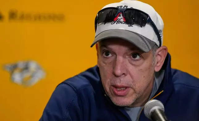 Nashville Predators general manager Chris MacFarland speaks during a news conference at the team's NHL hockey training camp Thursday, Sept. 17, 2026, in Nashville, Tenn. (AP Photo/George Walker IV)
