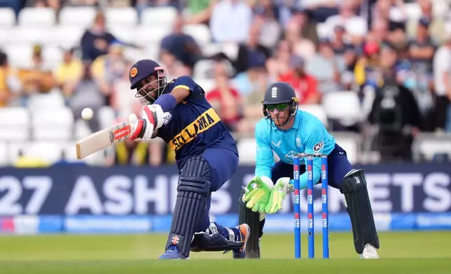 Sri Lanka's Kusal Mendis bats during the one day international cricket match between England and Sri Lanka at Headingley, in Leeds, England, Thursday, Sept. 24, 2026. (Mike Egerton/PA via AP)