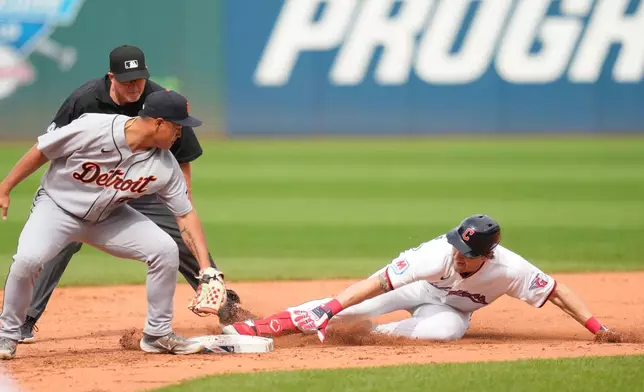 Cleveland Guardians' Chase DeLauter, right, slides safely into second base with a double next to Detroit Tigers second baseman Hao-Yu Lee, left, in the first inning of the first baseball game of a split doubleheader in Cleveland, Friday, Sept. 4, 2026. (AP Photo/Sue Ogrocki)