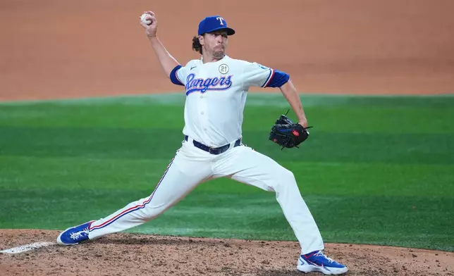Texas Rangers starting pitcher Jacob deGrom throws to the Boston Red Sox during the fourth inning of a baseball game Tuesday, Sept. 15, 2026, in Arlington, Texas. (AP Photo/Julio Cortez)
