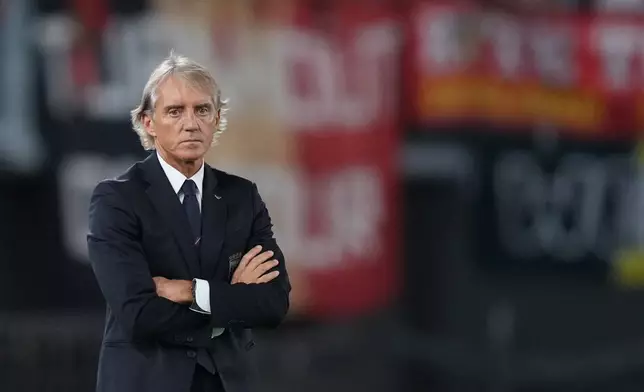 Italy head coach Roberto Mancini watches during the Nations League soccer match between Italy and Belgium in Rome, Friday, Sept. 25, 2026. (Alfredo Falcone/LaPresse via AP)