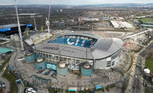 FILE - A general view of the Etihad Stadium ahead of the English FA Cup soccer match between Manchester City and Plymouth Argyle, Manchester, England, Saturday, March 1, 2025. (AP Photo/Jon Super, File)
